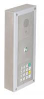On wall mounted installation with SIP MAXI module, central call button and keypad module.
