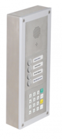 On wall mounted installation with SIP MAXI module, 2 button module and keypad module.