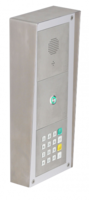 On wall mounted (with weather protection roof) installation with SIP MAXI module, central call button and keypad module.